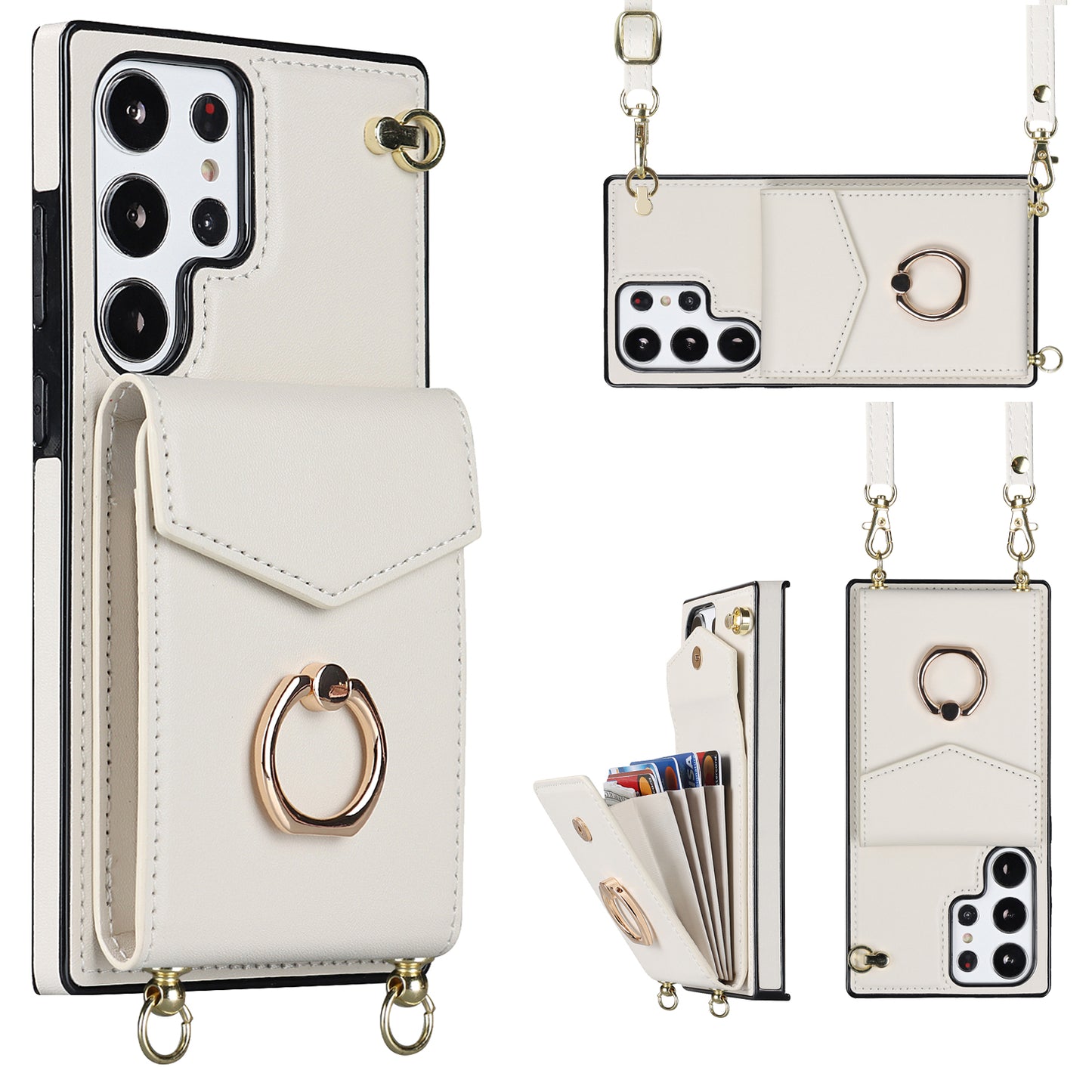 For Samsung Galaxy S24 Ultra Cell Phone Case Accordion Card Bag Ring Kickstand Back Cover - Beige