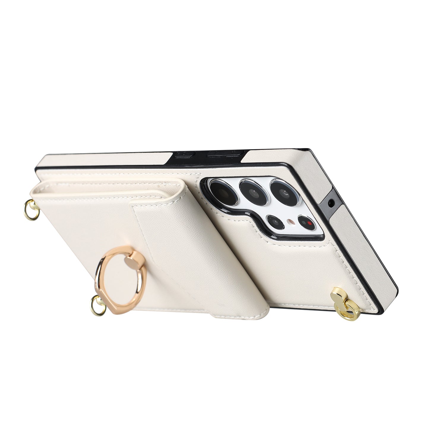 For Samsung Galaxy S24 Ultra Cell Phone Case Accordion Card Bag Ring Kickstand Back Cover - Beige