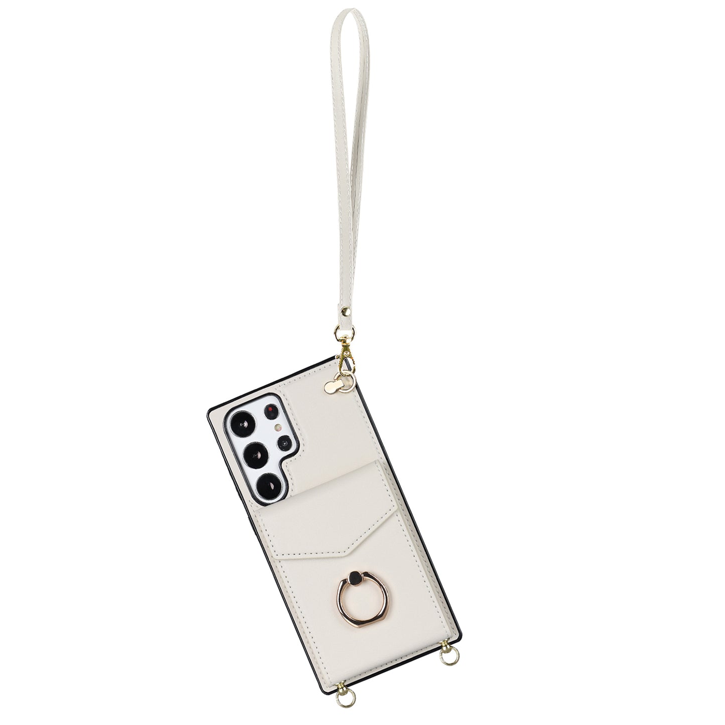 For Samsung Galaxy S24 Ultra Cell Phone Case Accordion Card Bag Ring Kickstand Back Cover - Beige