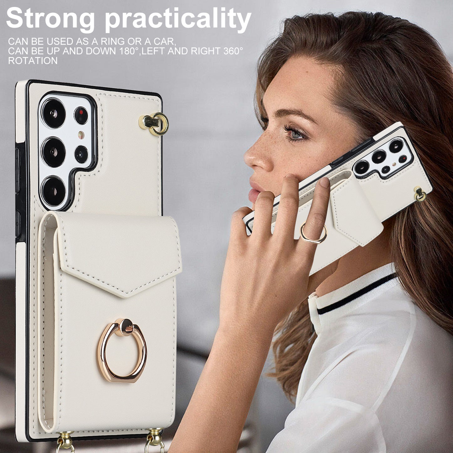 For Samsung Galaxy S24 Ultra Cell Phone Case Accordion Card Bag Ring Kickstand Back Cover - Beige