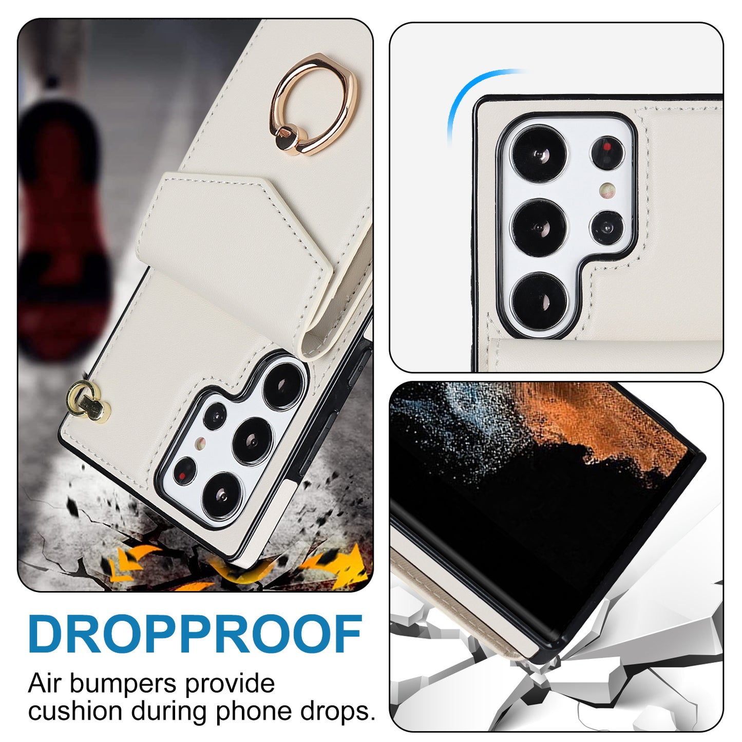 For Samsung Galaxy S24 Ultra Cell Phone Case Accordion Card Bag Ring Kickstand Back Cover - Beige