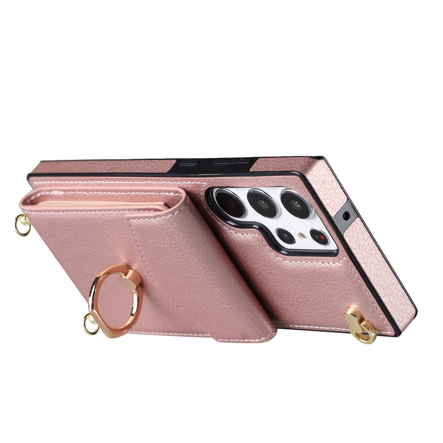 For Samsung Galaxy S24 Ultra Cell Phone Case Accordion Card Bag Ring Kickstand Back Cover - Rose Gold