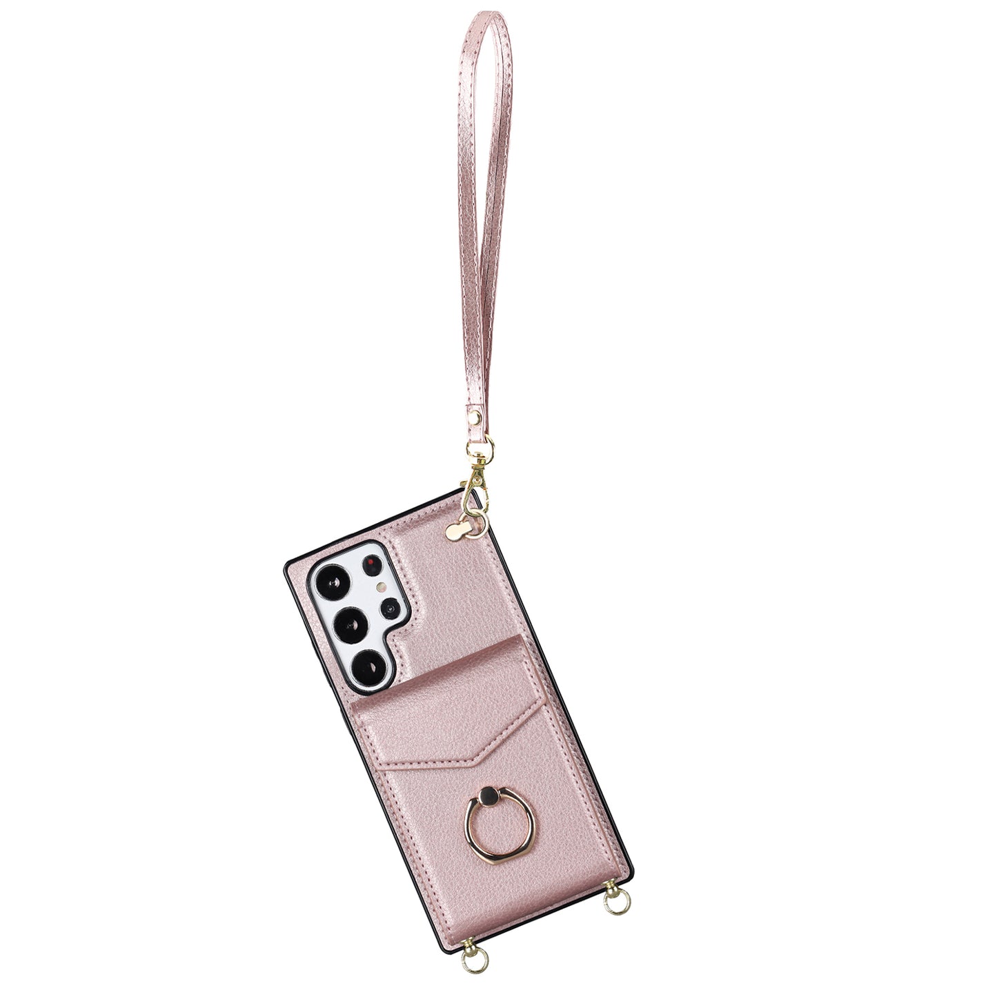 For Samsung Galaxy S24 Ultra Cell Phone Case Accordion Card Bag Ring Kickstand Back Cover - Rose Gold