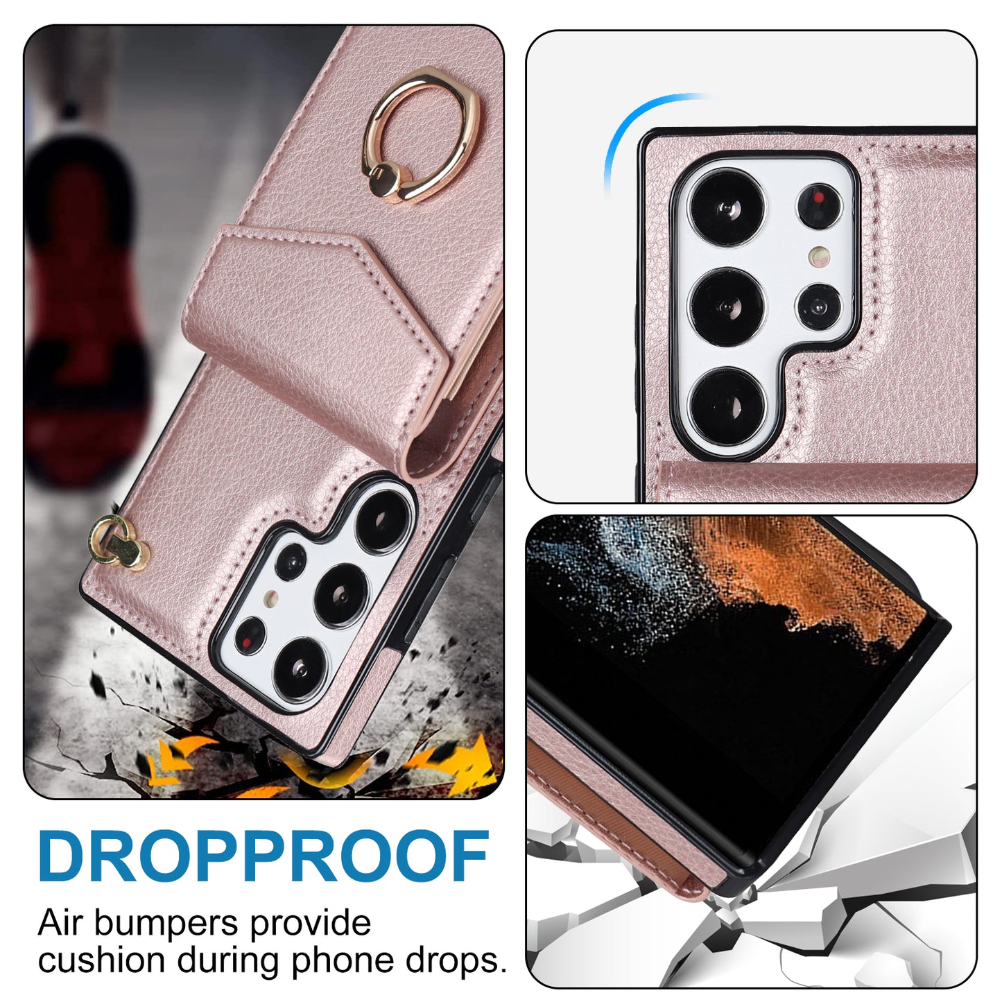 For Samsung Galaxy S24 Ultra Cell Phone Case Accordion Card Bag Ring Kickstand Back Cover - Rose Gold