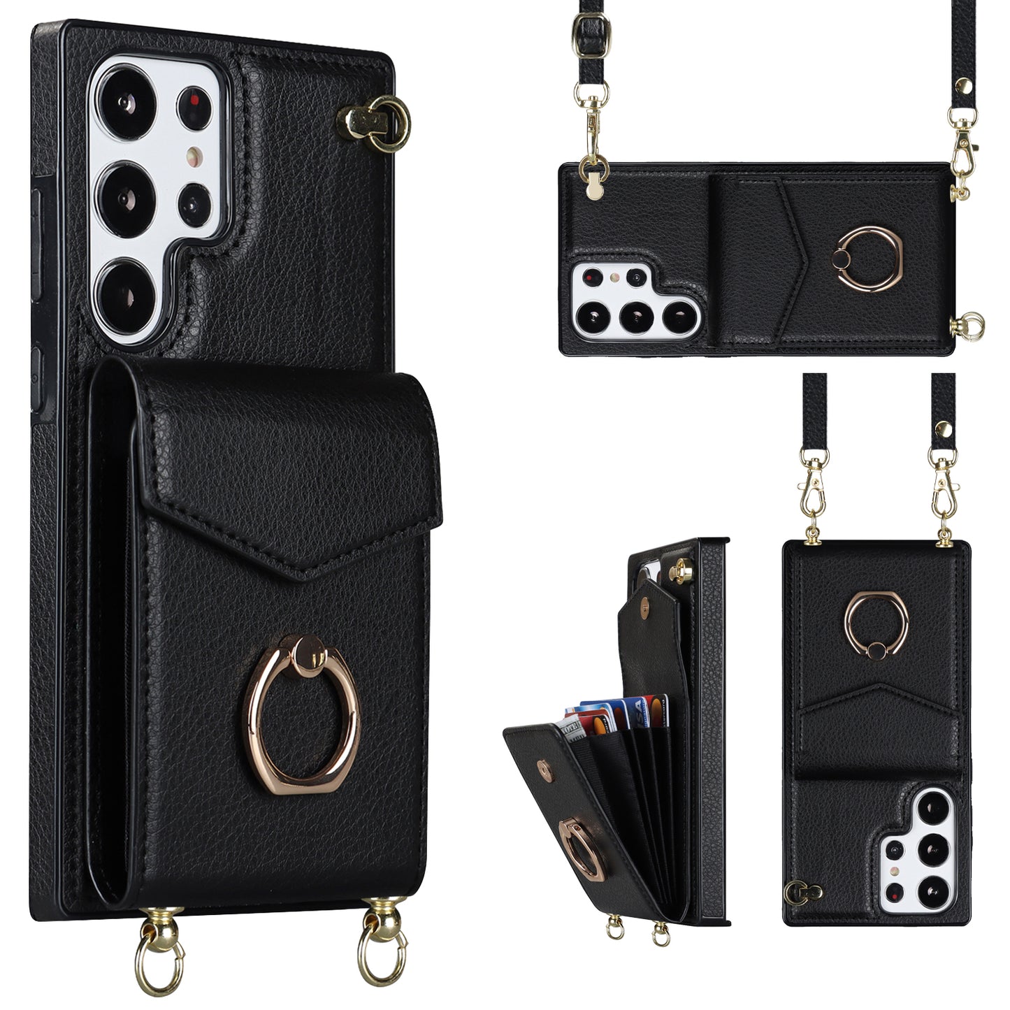 For Samsung Galaxy S24 Ultra Cell Phone Case Accordion Card Bag Ring Kickstand Back Cover - Black
