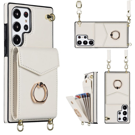 For Samsung Galaxy S23 Ultra Case PU Leather+TPU Kickstand Phone Cover with Shoulder and Wrist Straps - Beige