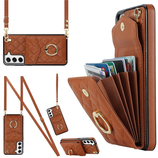 For Samsung Galaxy S21+ 5G Cell Phone Case Card Holder Ring Kickstand PU+TPU Anti-scratch Cover - Brown