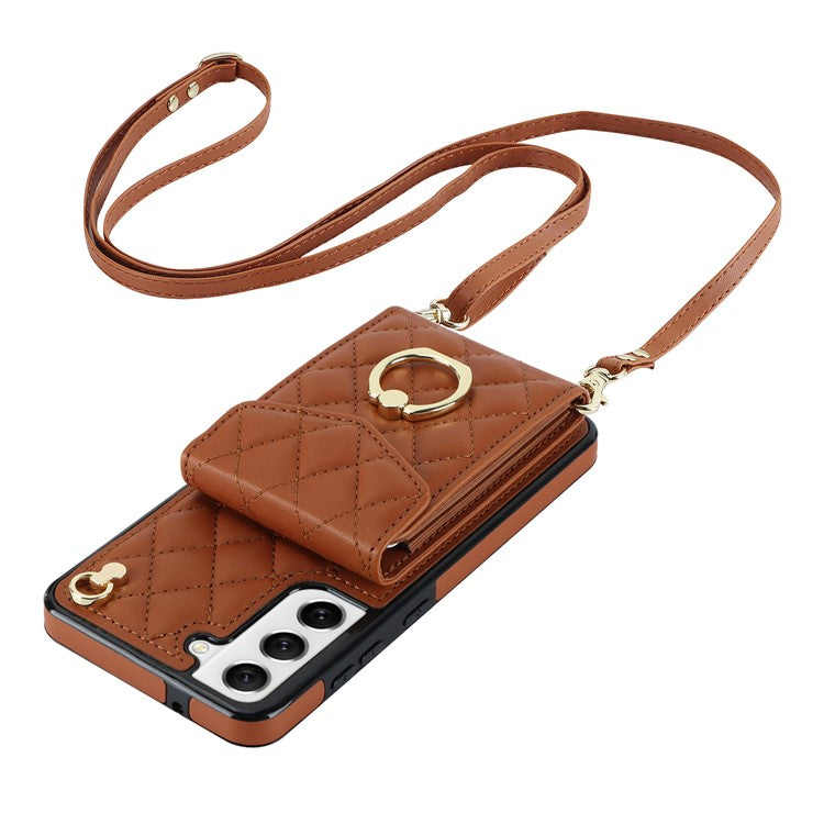 For Samsung Galaxy S21+ 5G Cell Phone Case Card Holder Ring Kickstand PU+TPU Anti-scratch Cover - Brown