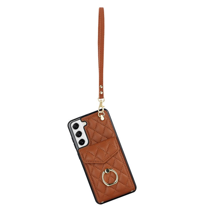 For Samsung Galaxy S21+ 5G Cell Phone Case Card Holder Ring Kickstand PU+TPU Anti-scratch Cover - Brown