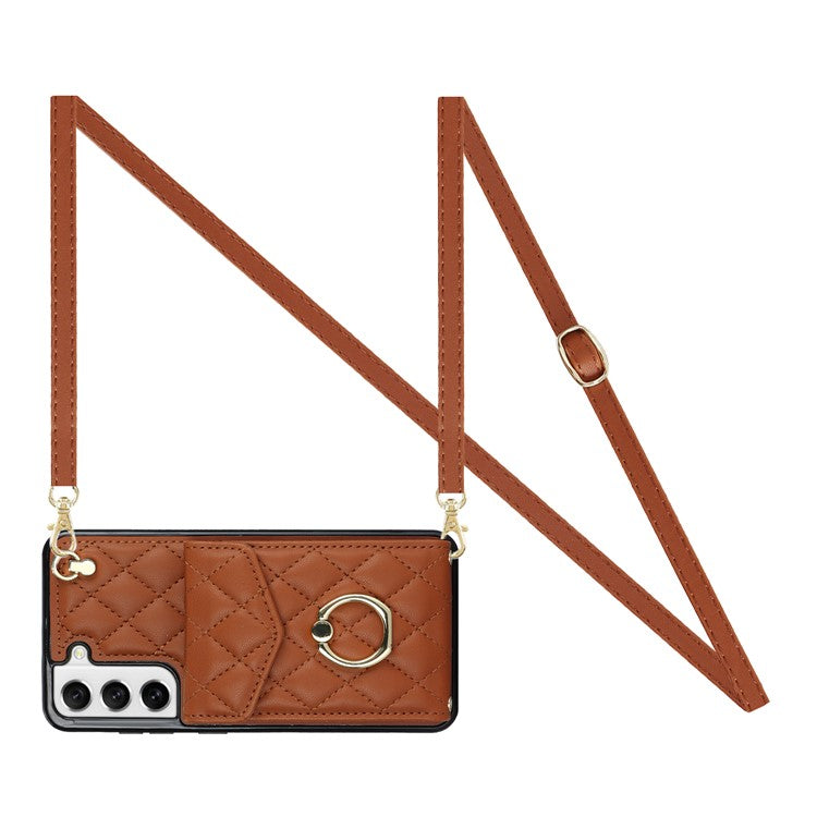 For Samsung Galaxy S21+ 5G Cell Phone Case Card Holder Ring Kickstand PU+TPU Anti-scratch Cover - Brown