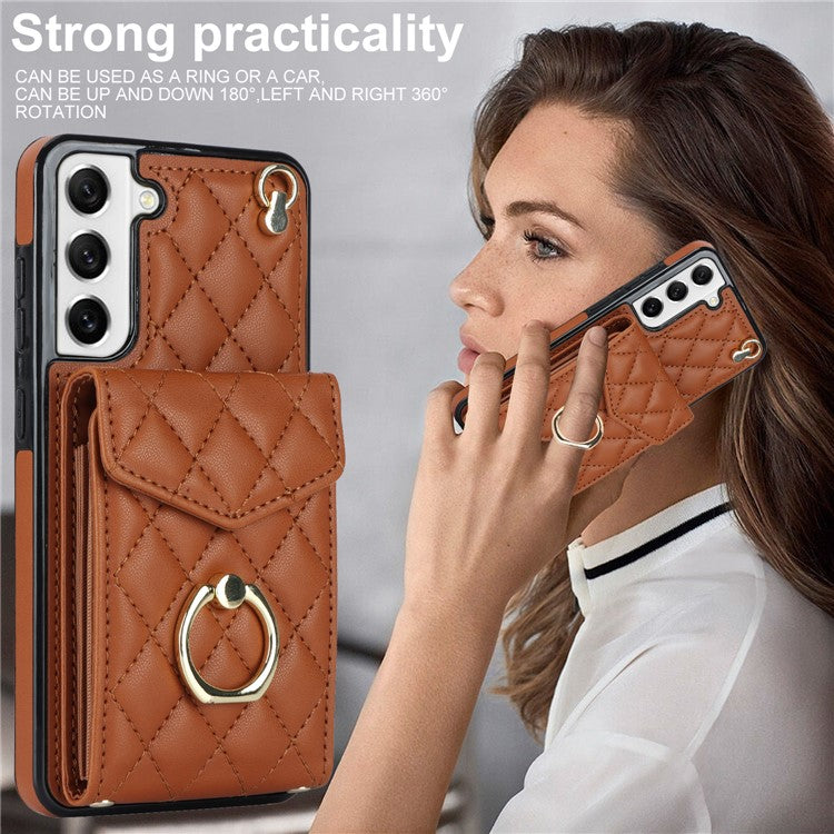 For Samsung Galaxy S21+ 5G Cell Phone Case Card Holder Ring Kickstand PU+TPU Anti-scratch Cover - Brown