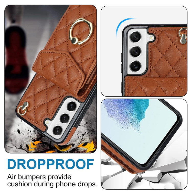 For Samsung Galaxy S21+ 5G Cell Phone Case Card Holder Ring Kickstand PU+TPU Anti-scratch Cover - Brown