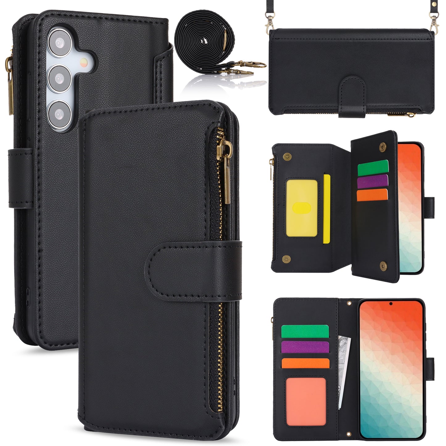 For Samsung Galaxy S24+ Cell Phone Case RFID Blocking Multiple Card Slots Leather Cover - Black
