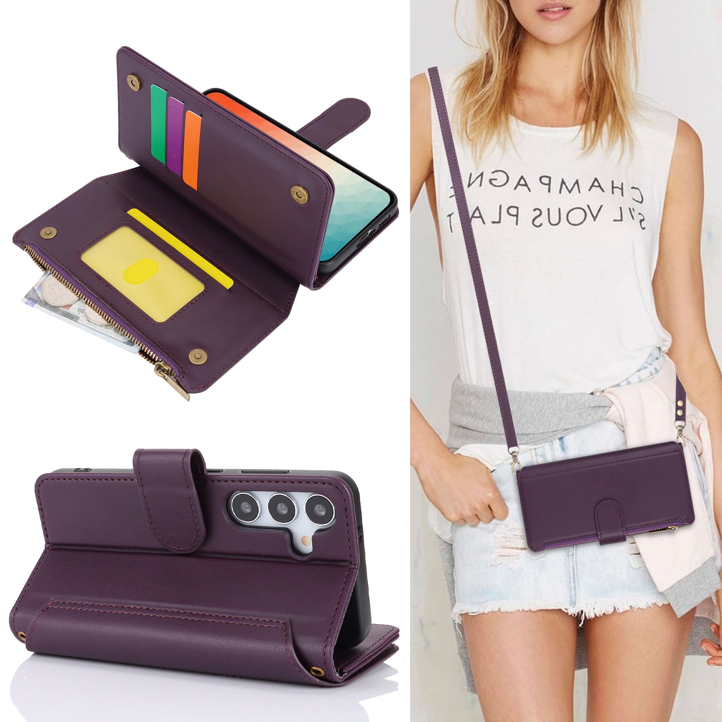For Samsung Galaxy S24+ Cell Phone Case RFID Blocking Multiple Card Slots Leather Cover - Dark Purple