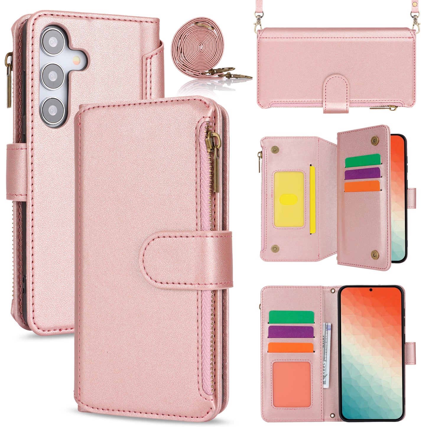 For Samsung Galaxy S24+ Cell Phone Case RFID Blocking Multiple Card Slots Leather Cover - Rose Gold