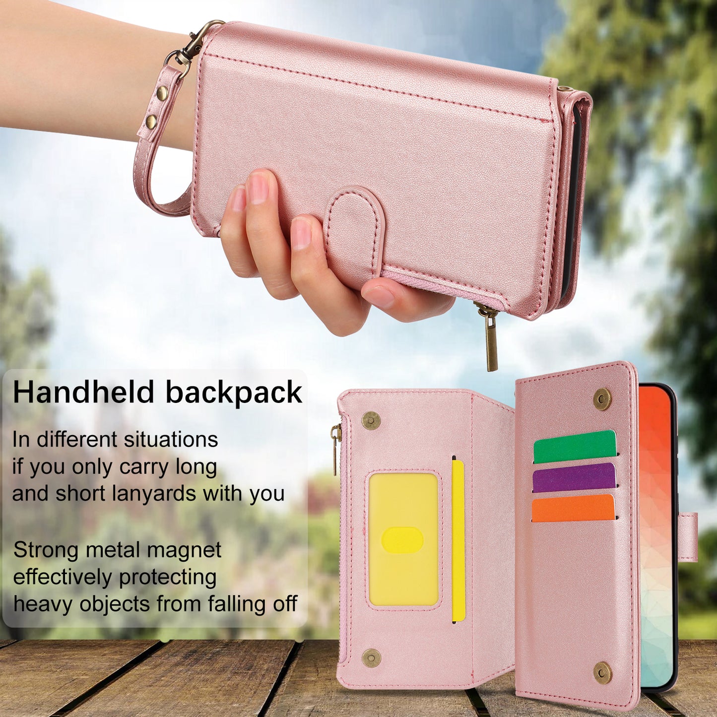 For Samsung Galaxy S24+ Cell Phone Case RFID Blocking Multiple Card Slots Leather Cover - Rose Gold