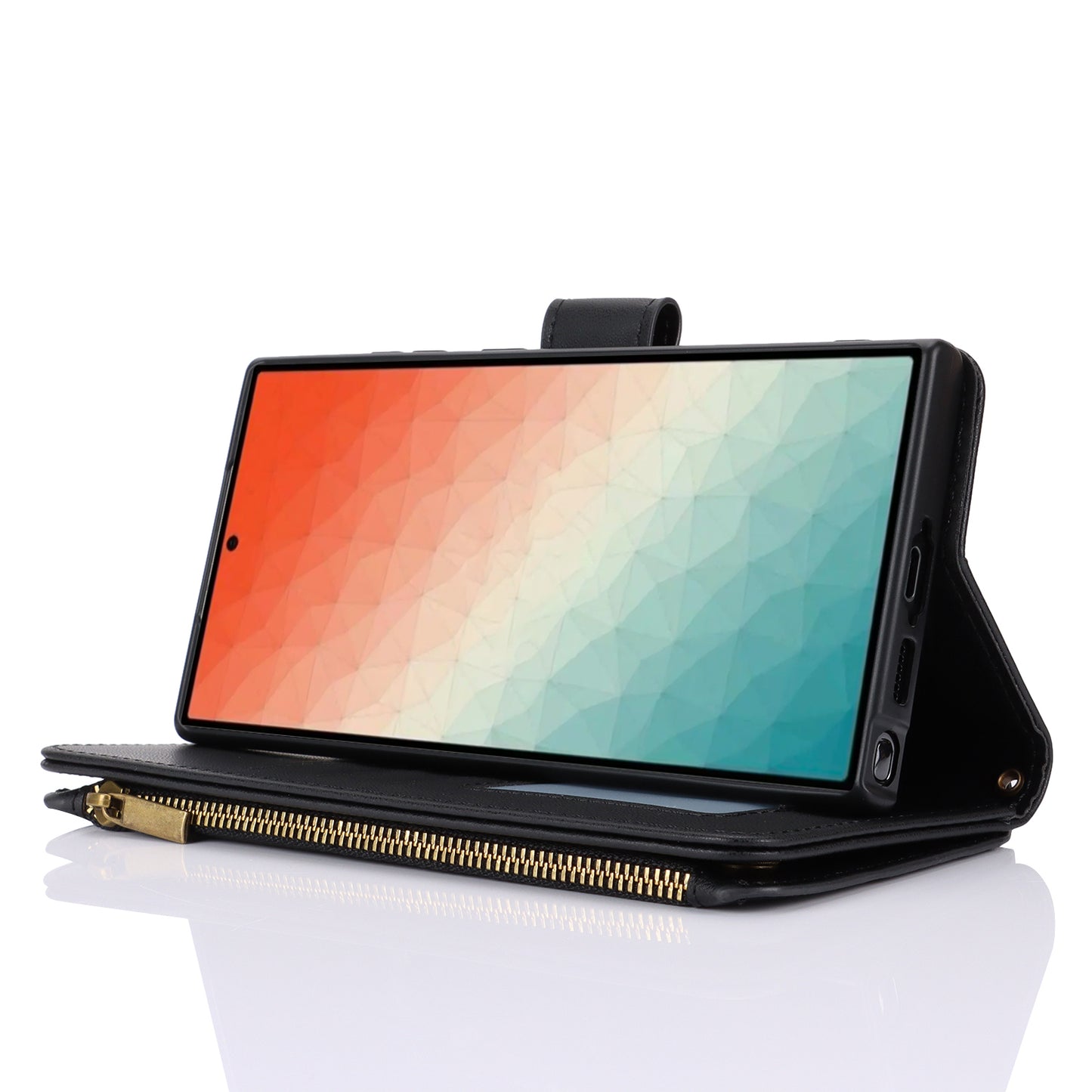 For Samsung Galaxy S24 Ultra Cell Phone Stand Case RFID Blocking Leather Flip Cover - Black