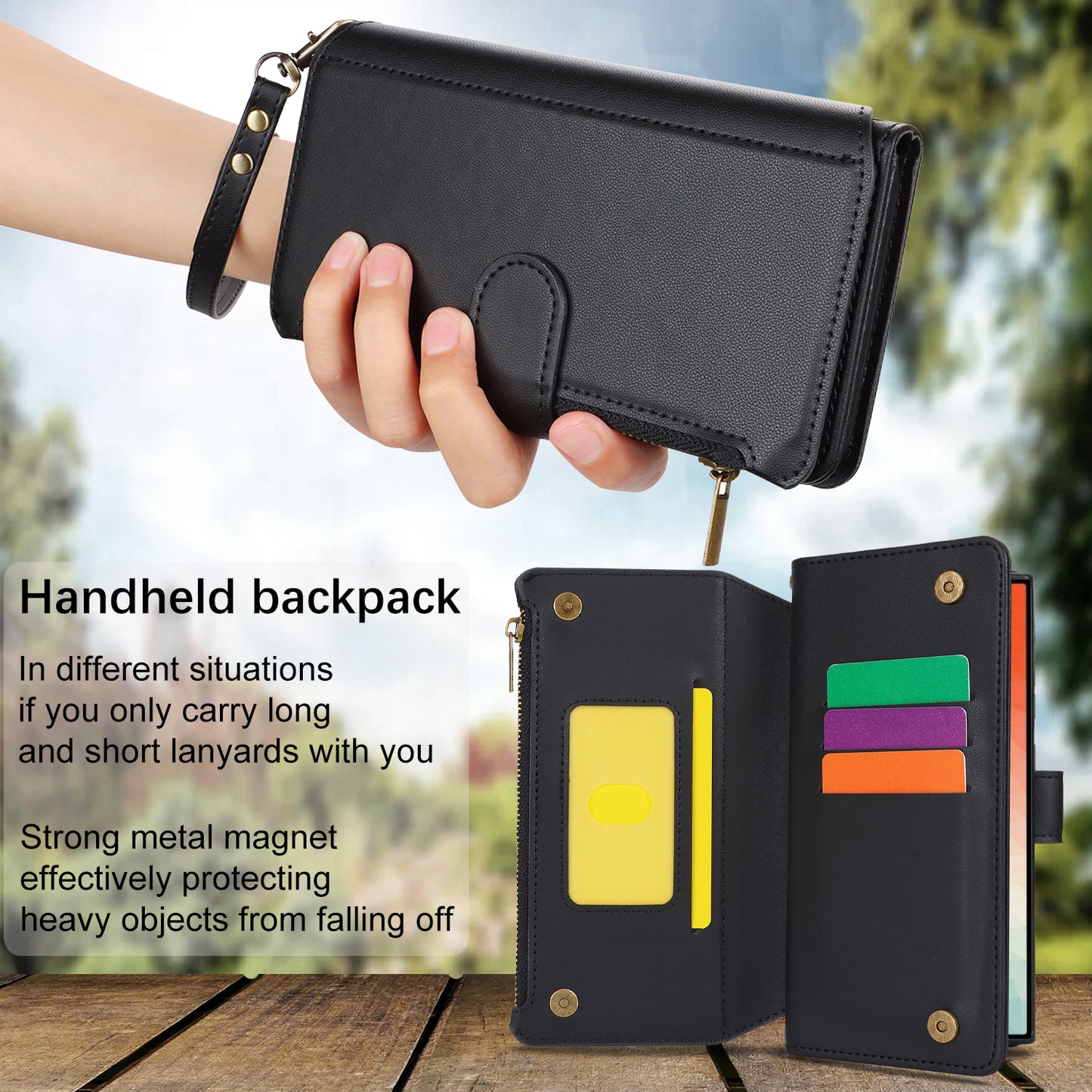 For Samsung Galaxy S24 Ultra Cell Phone Stand Case RFID Blocking Leather Flip Cover - Black