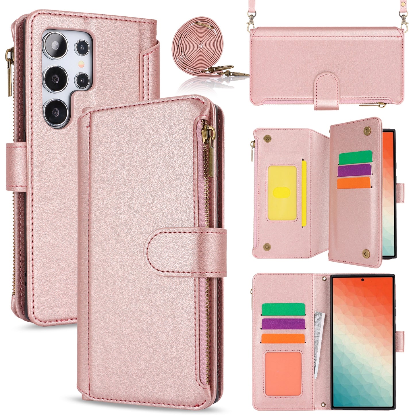 For Samsung Galaxy S24 Ultra Cell Phone Stand Case RFID Blocking Leather Flip Cover - Rose Gold
