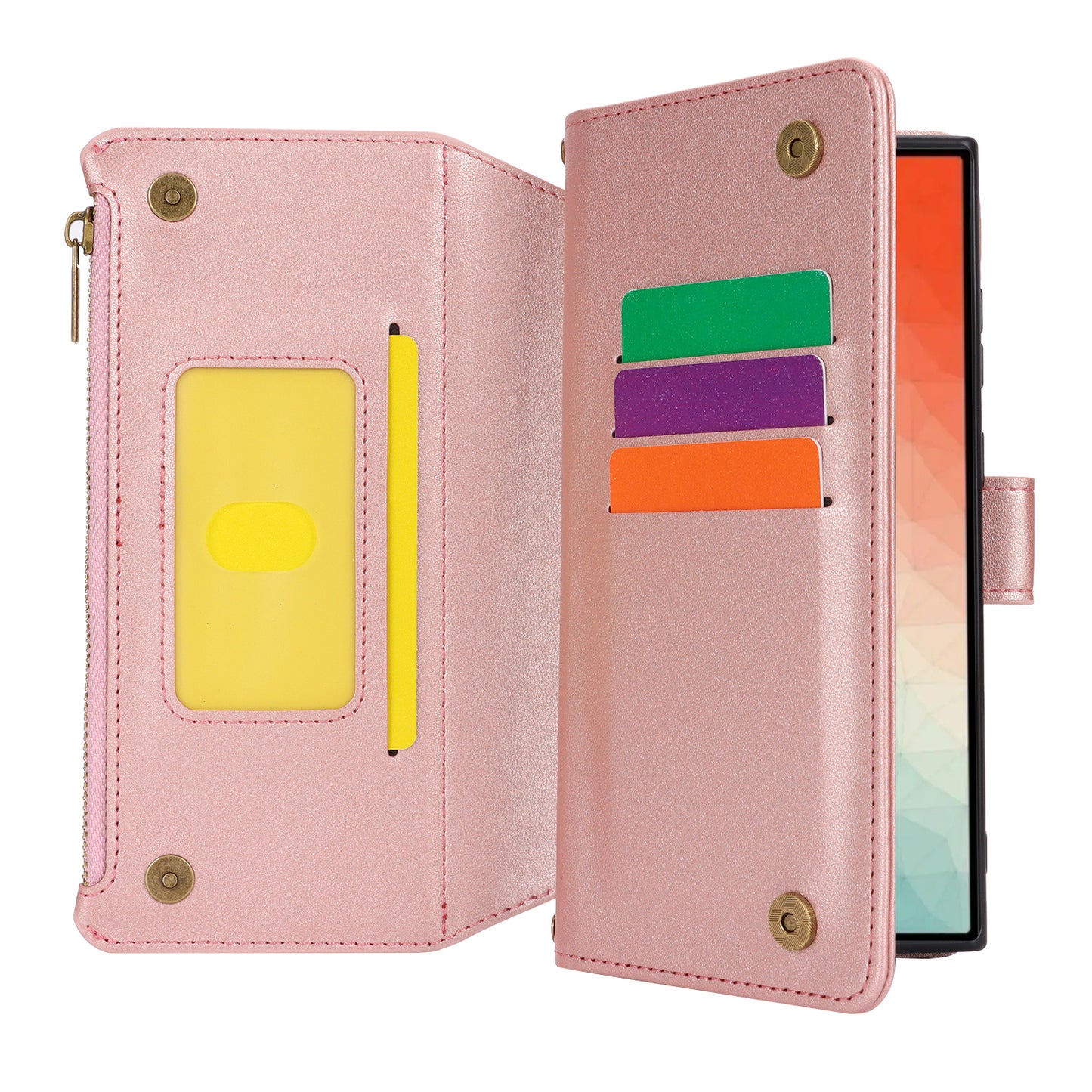 For Samsung Galaxy S24 Ultra Cell Phone Stand Case RFID Blocking Leather Flip Cover - Rose Gold