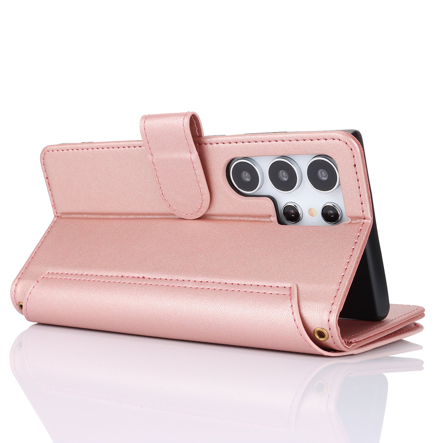 For Samsung Galaxy S24 Ultra Cell Phone Stand Case RFID Blocking Leather Flip Cover - Rose Gold