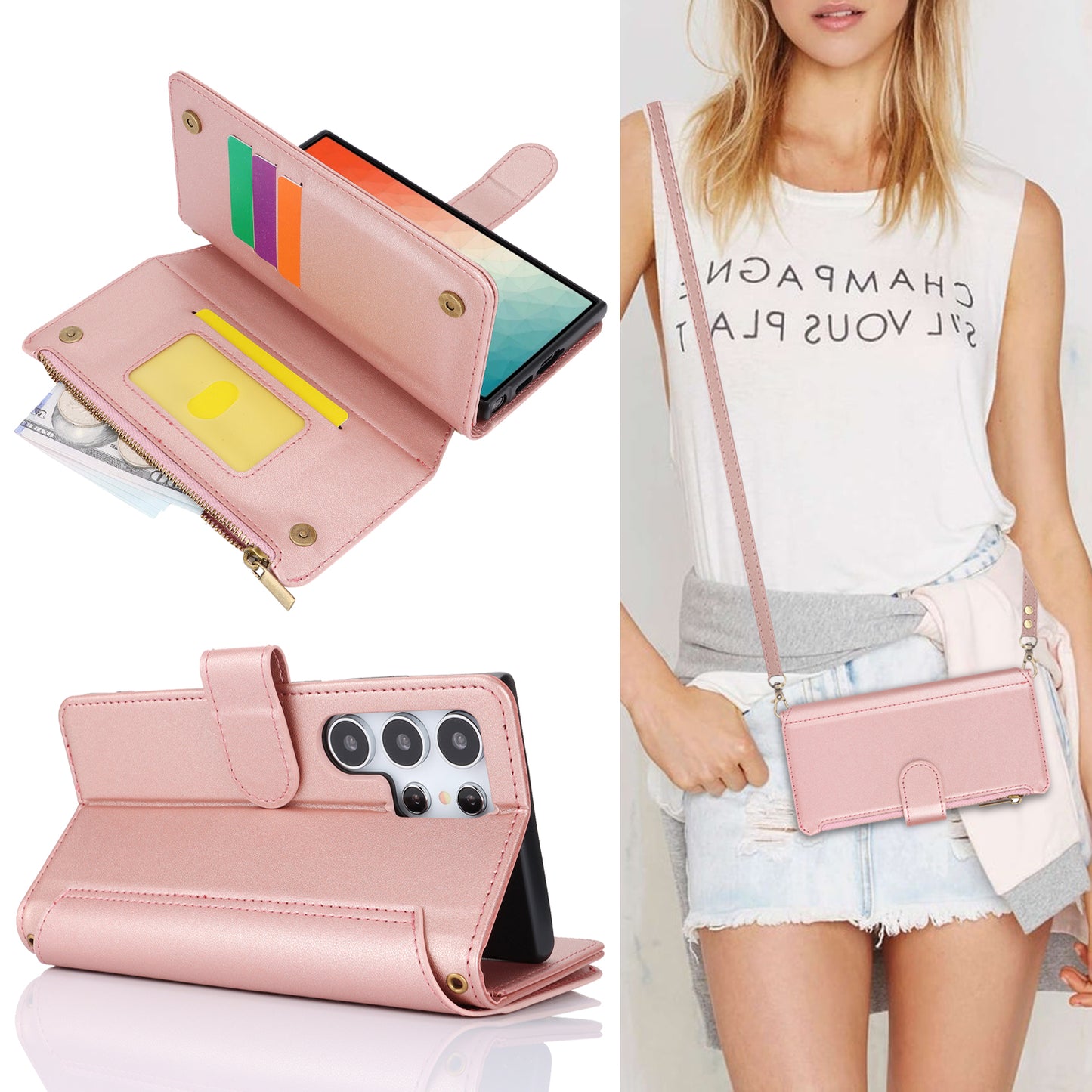 For Samsung Galaxy S24 Ultra Cell Phone Stand Case RFID Blocking Leather Flip Cover - Rose Gold
