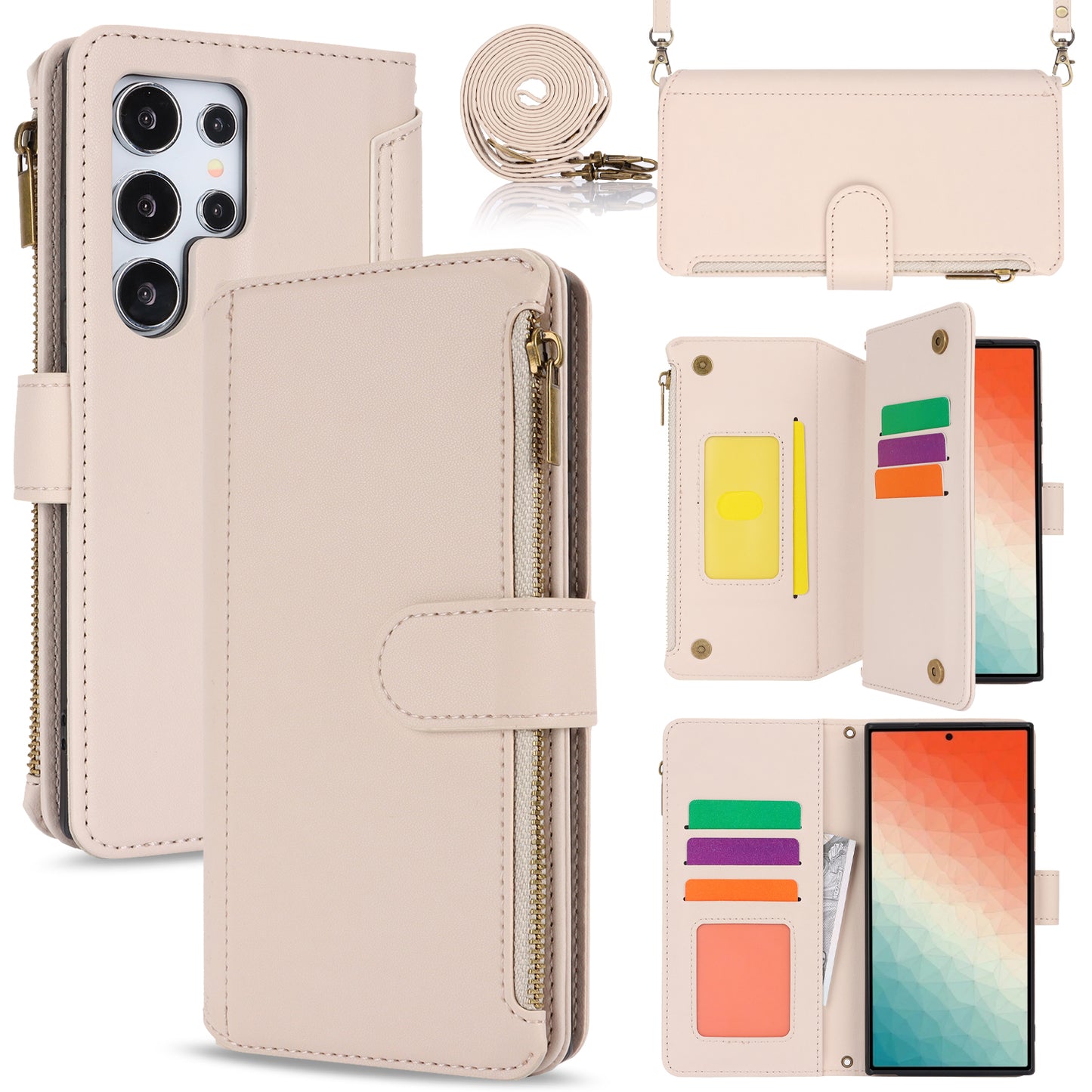 For Samsung Galaxy S24 Ultra Cell Phone Stand Case RFID Blocking Leather Flip Cover - White