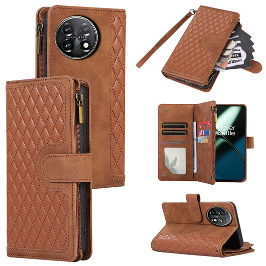 Leather Case for OnePlus 11 5G Shell Rhombus Imprint Zipper Pocket Phone Cover with Hand Strap - Brown