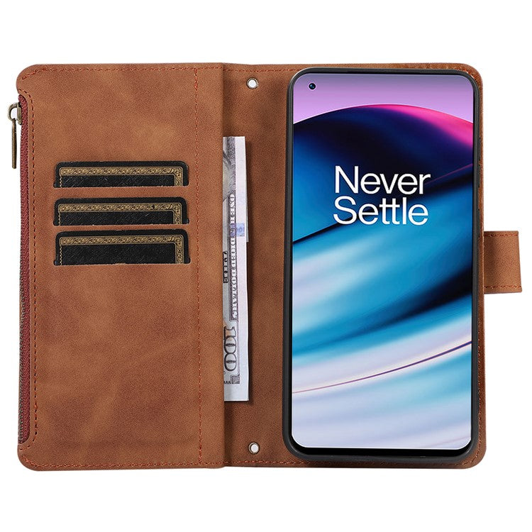 Leather Case for OnePlus 11 5G Shell Rhombus Imprint Zipper Pocket Phone Cover with Hand Strap - Brown