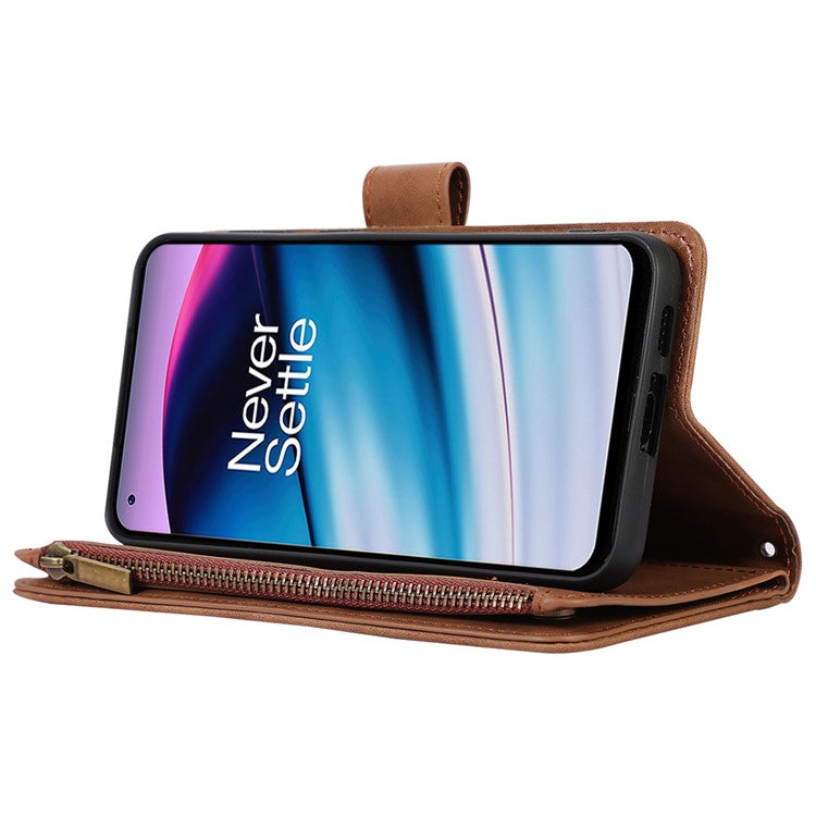 Leather Case for OnePlus 11 5G Shell Rhombus Imprint Zipper Pocket Phone Cover with Hand Strap - Brown