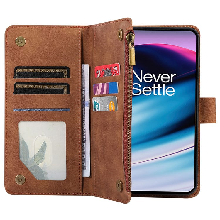 Leather Case for OnePlus 11 5G Shell Rhombus Imprint Zipper Pocket Phone Cover with Hand Strap - Brown