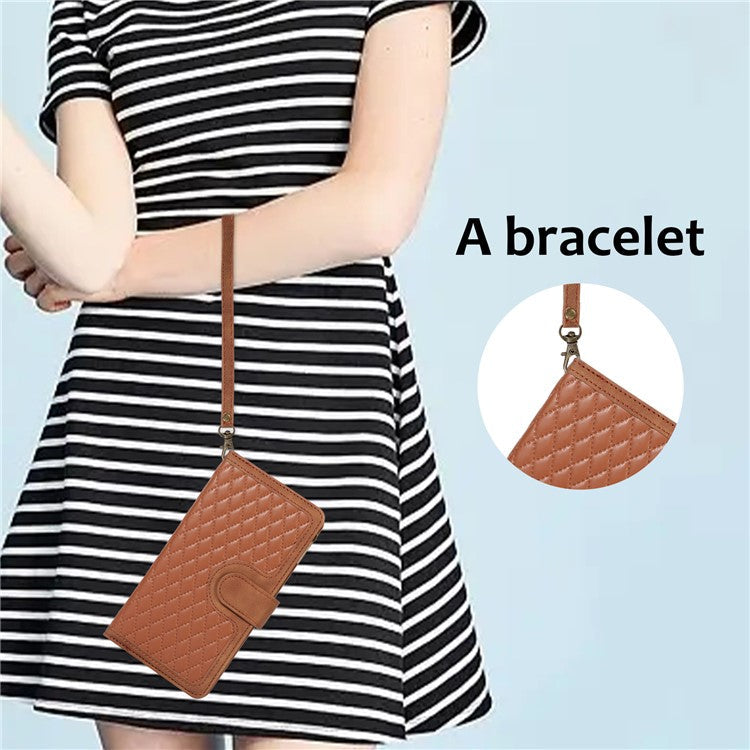 Leather Case for OnePlus 11 5G Shell Rhombus Imprint Zipper Pocket Phone Cover with Hand Strap - Brown