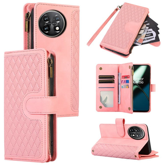Leather Case for OnePlus 11 5G Shell Rhombus Imprint Zipper Pocket Phone Cover with Hand Strap - Rose Gold