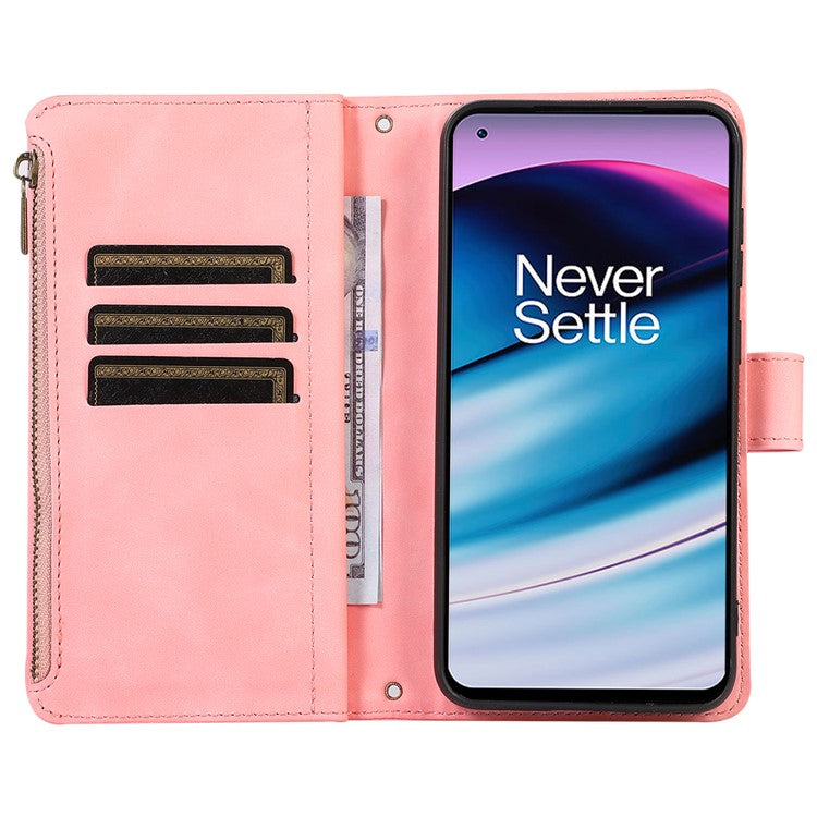 Leather Case for OnePlus 11 5G Shell Rhombus Imprint Zipper Pocket Phone Cover with Hand Strap - Rose Gold