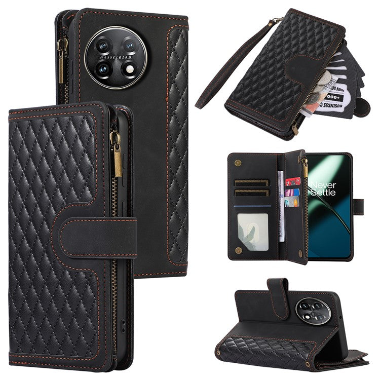 Leather Case for OnePlus 11 5G Shell Rhombus Imprint Zipper Pocket Phone Cover with Hand Strap - Black