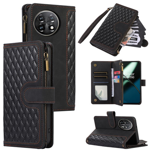 Leather Case for OnePlus 11 5G Shell Rhombus Imprint Zipper Pocket Phone Cover with Hand Strap - Black