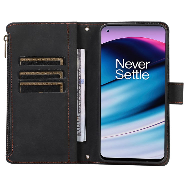 Leather Case for OnePlus 11 5G Shell Rhombus Imprint Zipper Pocket Phone Cover with Hand Strap - Black