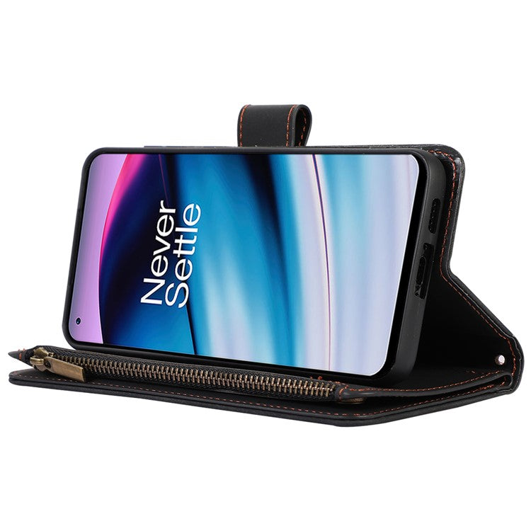 Leather Case for OnePlus 11 5G Shell Rhombus Imprint Zipper Pocket Phone Cover with Hand Strap - Black