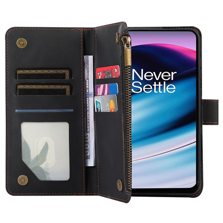 Leather Case for OnePlus 11 5G Shell Rhombus Imprint Zipper Pocket Phone Cover with Hand Strap - Black