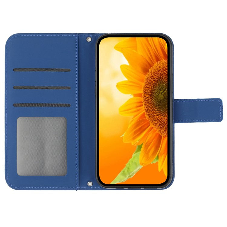 HT04 Wallet Phone Case for OnePlus 12 5G PU Leather Sunflower Pattern Cover with Wrist Strap - Sapphire