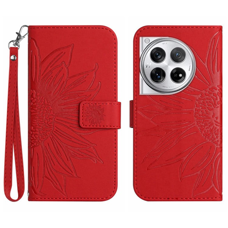 HT04 Wallet Phone Case for OnePlus 12 5G PU Leather Sunflower Pattern Cover with Wrist Strap - Red