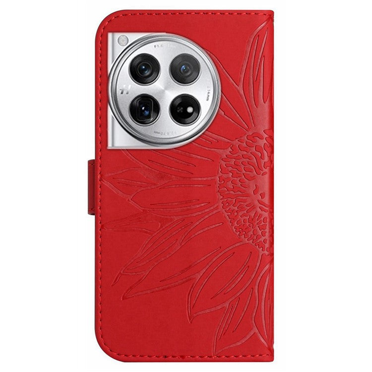 HT04 Wallet Phone Case for OnePlus 12 5G PU Leather Sunflower Pattern Cover with Wrist Strap - Red