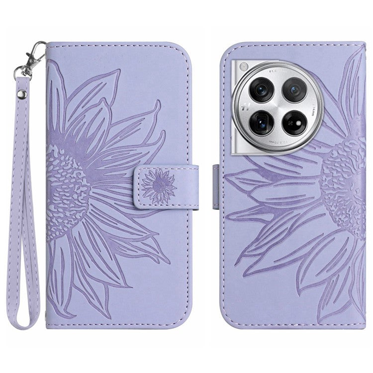 HT04 Wallet Phone Case for OnePlus 12 5G PU Leather Sunflower Pattern Cover with Wrist Strap - Light Purple