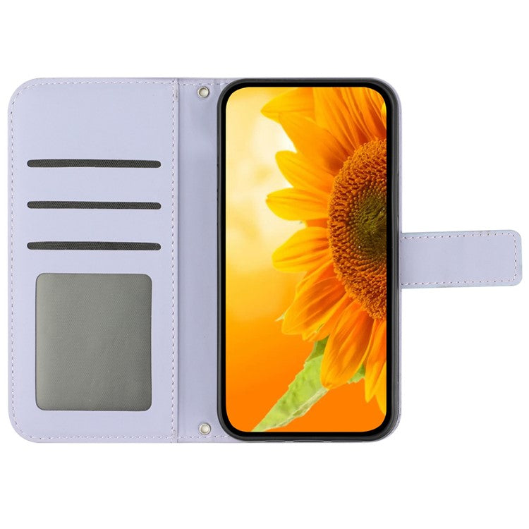 HT04 Wallet Phone Case for OnePlus 12 5G PU Leather Sunflower Pattern Cover with Wrist Strap - Light Purple