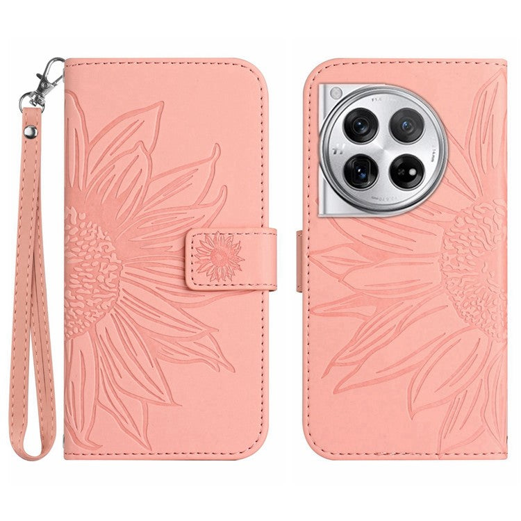 HT04 Wallet Phone Case for OnePlus 12 5G PU Leather Sunflower Pattern Cover with Wrist Strap - Light Pink
