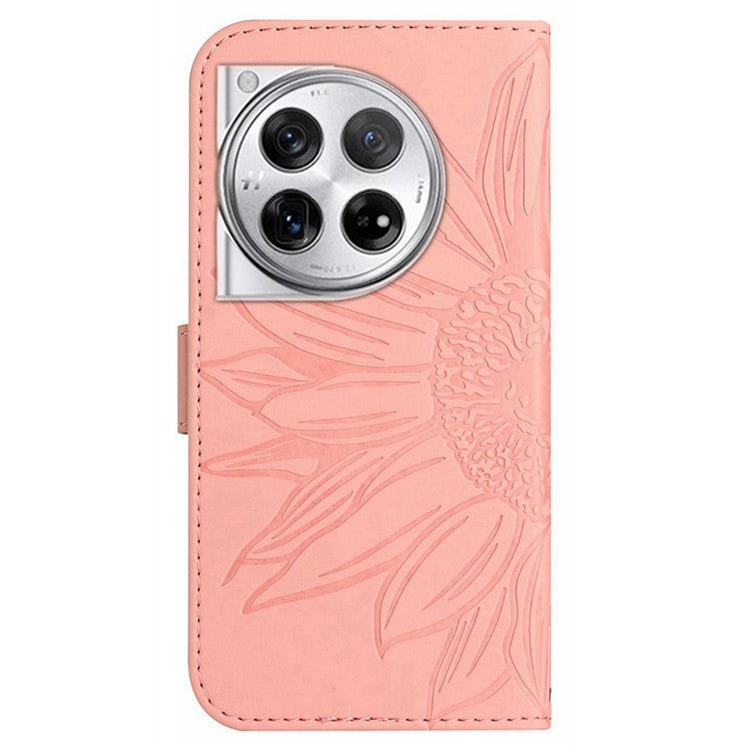 HT04 Wallet Phone Case for OnePlus 12 5G PU Leather Sunflower Pattern Cover with Wrist Strap - Light Pink