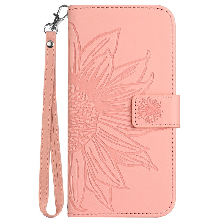 HT04 Wallet Phone Case for OnePlus 12 5G PU Leather Sunflower Pattern Cover with Wrist Strap - Light Pink