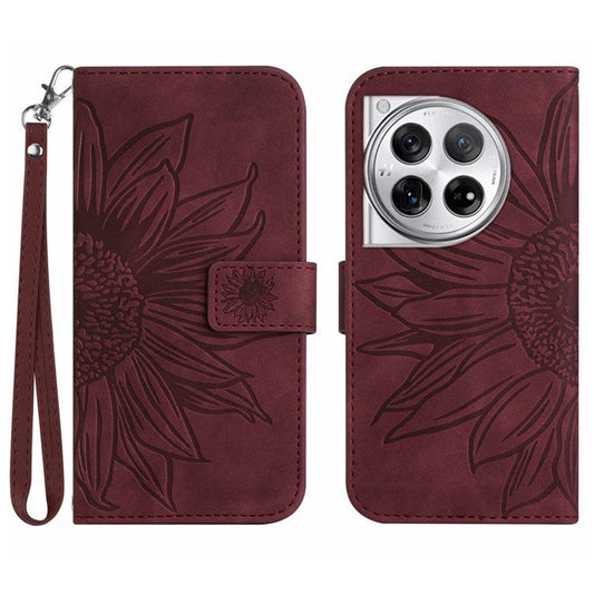 HT04 Wallet Phone Case for OnePlus 12 5G PU Leather Sunflower Pattern Cover with Wrist Strap - Wine Red