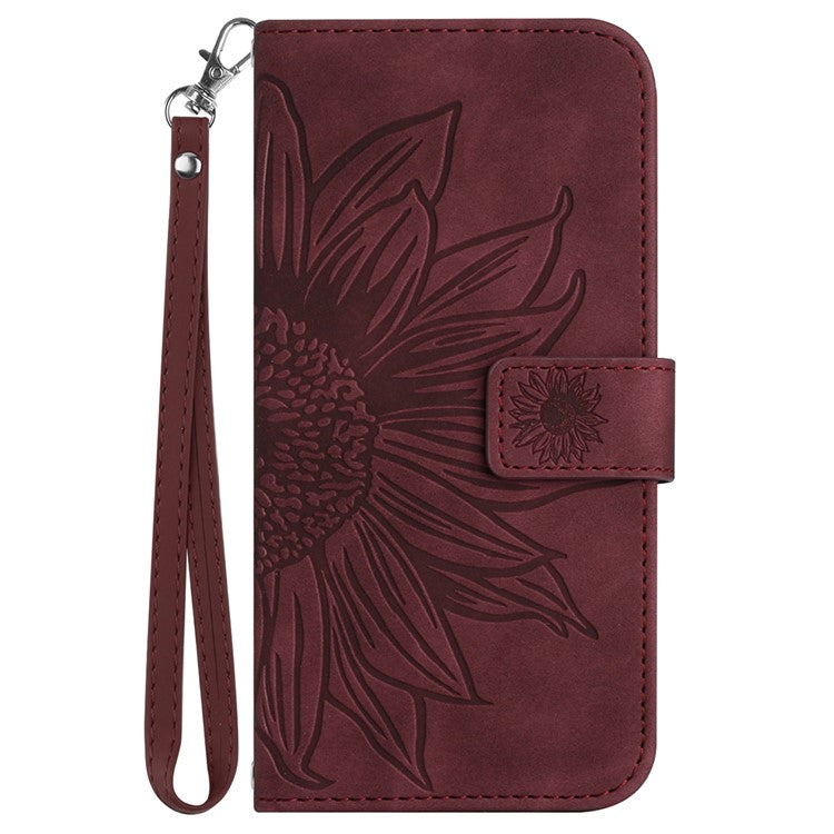 HT04 Wallet Phone Case for OnePlus 12 5G PU Leather Sunflower Pattern Cover with Wrist Strap - Wine Red