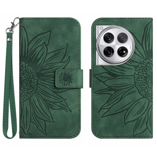 HT04 Wallet Phone Case for OnePlus 12 5G PU Leather Sunflower Pattern Cover with Wrist Strap - Dark Green